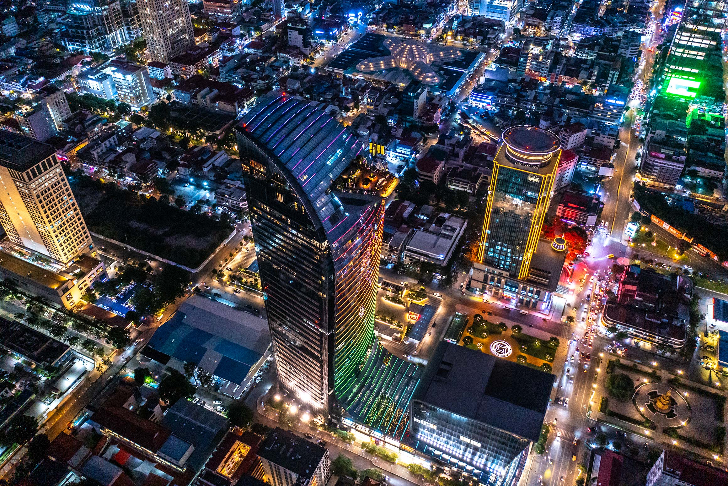 Aerial view of Phnom Penh at nighttime | Drone Operator in Cambodia